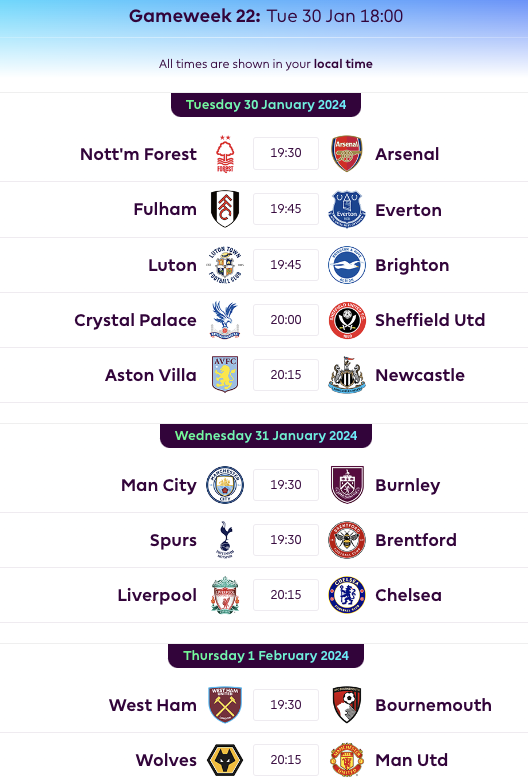 FPL Gameweek 22 Fixtures